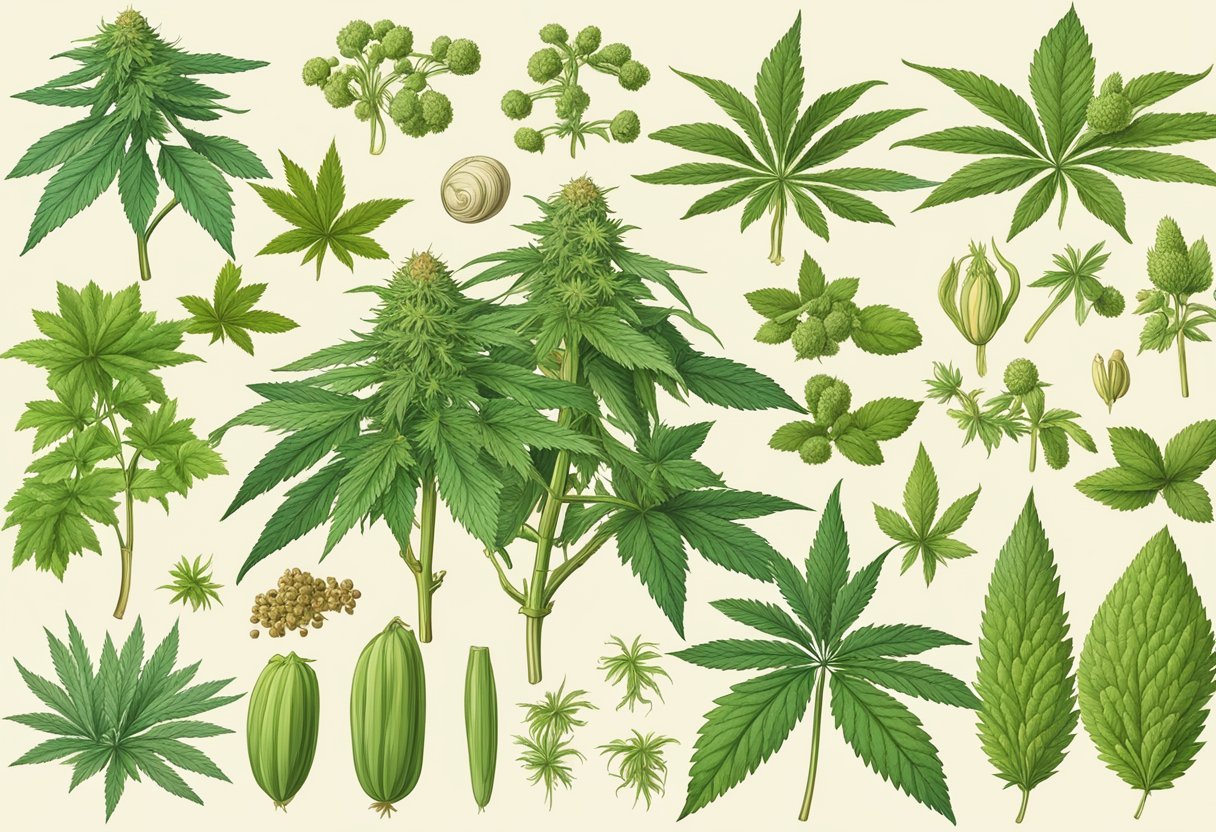 Eine detaillierte Darstellung der verschiedenen Komponenten einer Cannabispflanze, einschließlich Blätter, Blüten, Stängel und Wurzeln, angeordnet in einer botanischen Komposition.